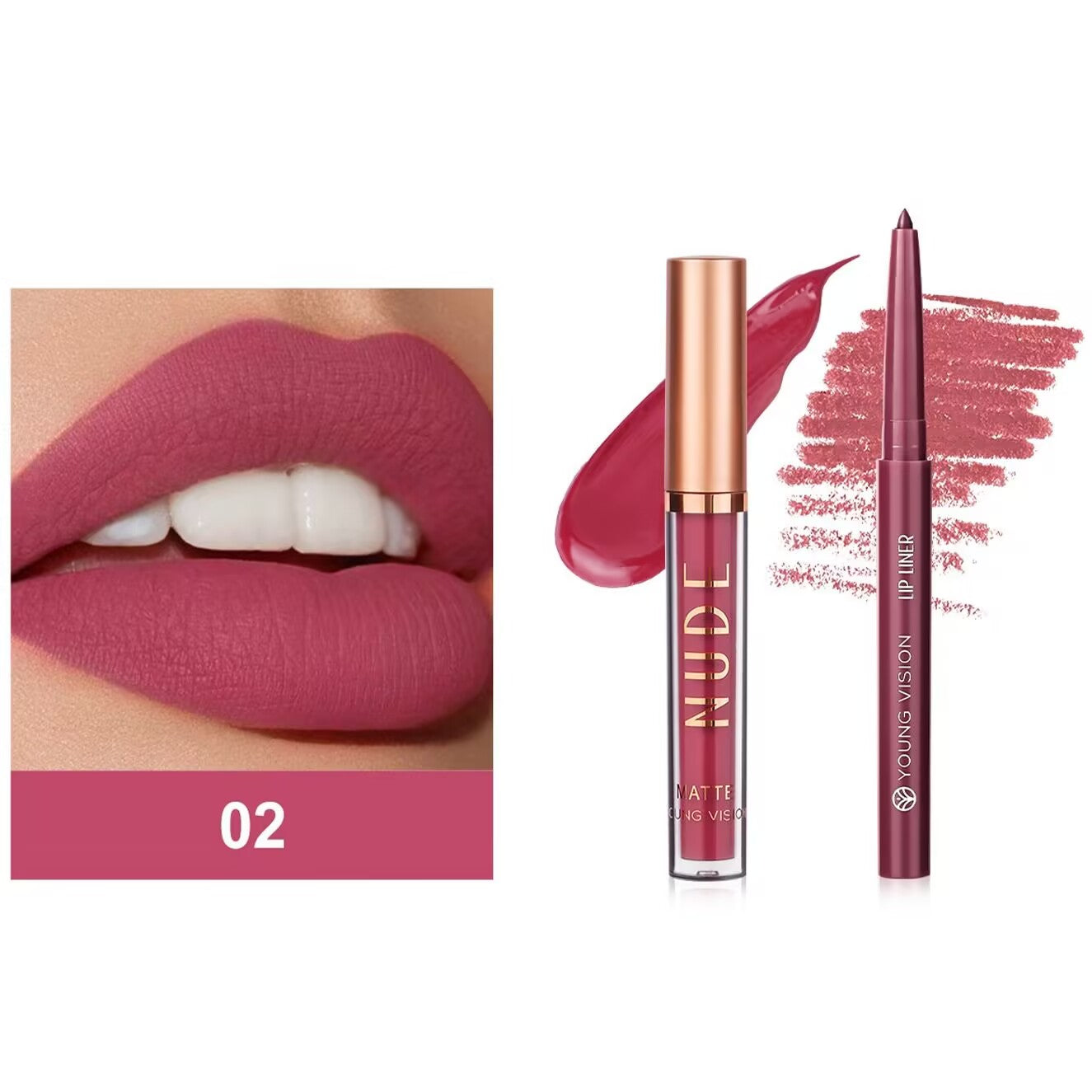 2Pcs Matte Liquid Lipstick and Lip Liner Set, One Step Lips Makeup Kit, Non-Stick Cup Lip Gloss + Lip Liner Pen, High Pigmented, Waterproof, Long-Lasting