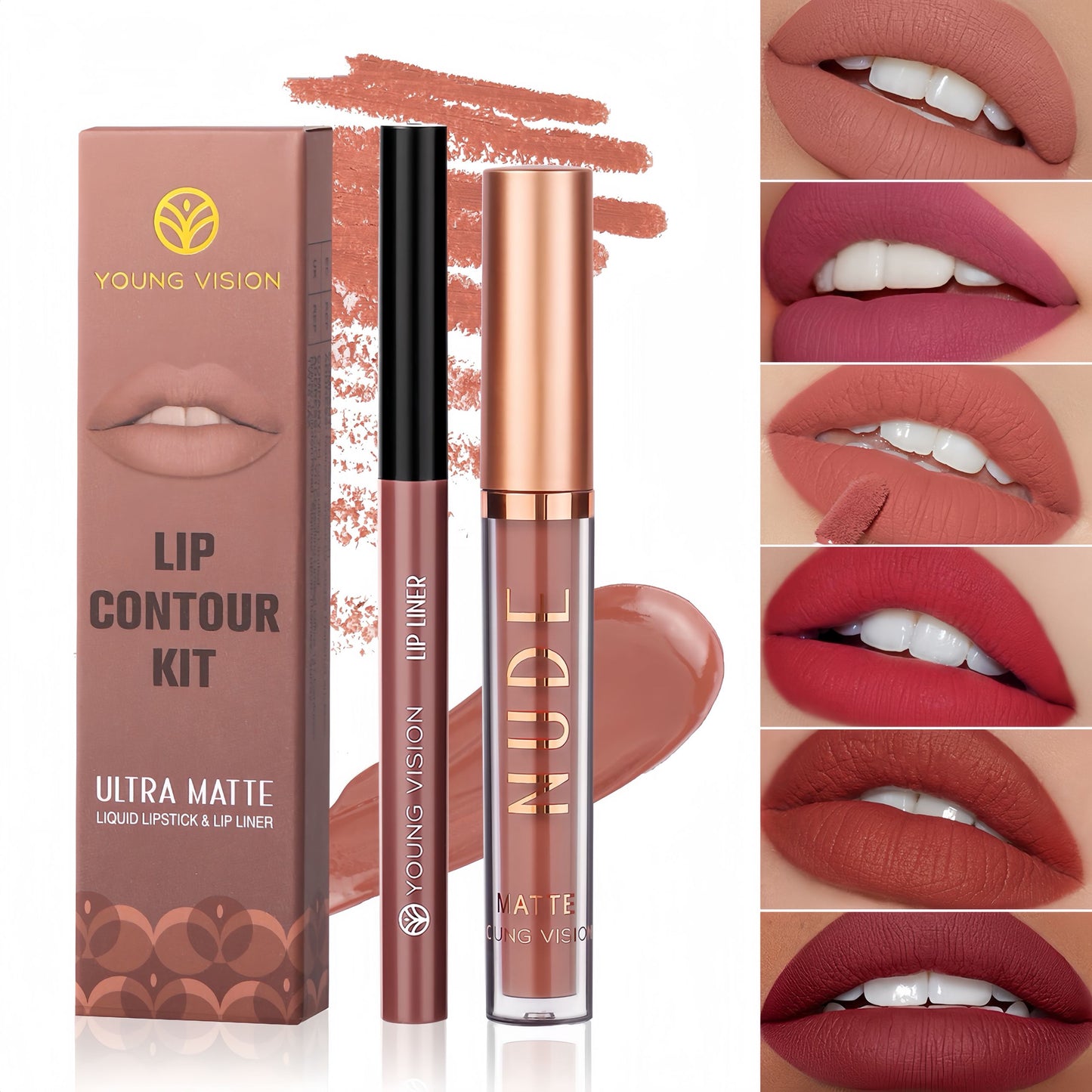 2Pcs Matte Liquid Lipstick and Lip Liner Set, One Step Lips Makeup Kit, Non-Stick Cup Lip Gloss + Lip Liner Pen, High Pigmented, Waterproof, Long-Lasting