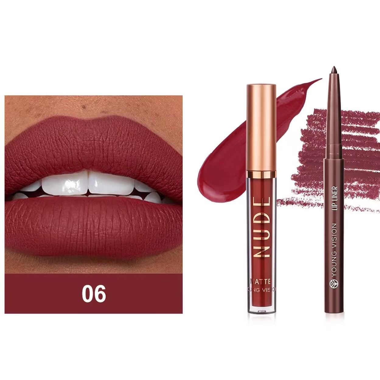 2Pcs Matte Liquid Lipstick and Lip Liner Set, One Step Lips Makeup Kit, Non-Stick Cup Lip Gloss + Lip Liner Pen, High Pigmented, Waterproof, Long-Lasting