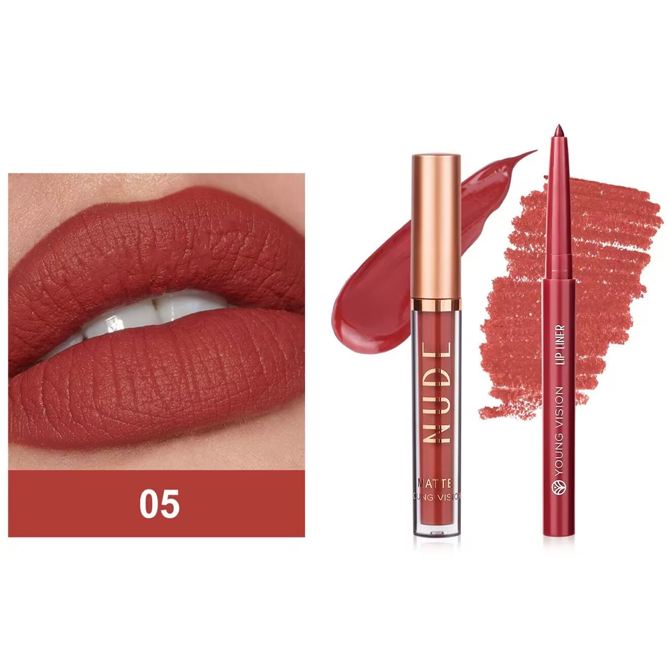 2Pcs Matte Liquid Lipstick and Lip Liner Set, One Step Lips Makeup Kit, Non-Stick Cup Lip Gloss + Lip Liner Pen, High Pigmented, Waterproof, Long-Lasting