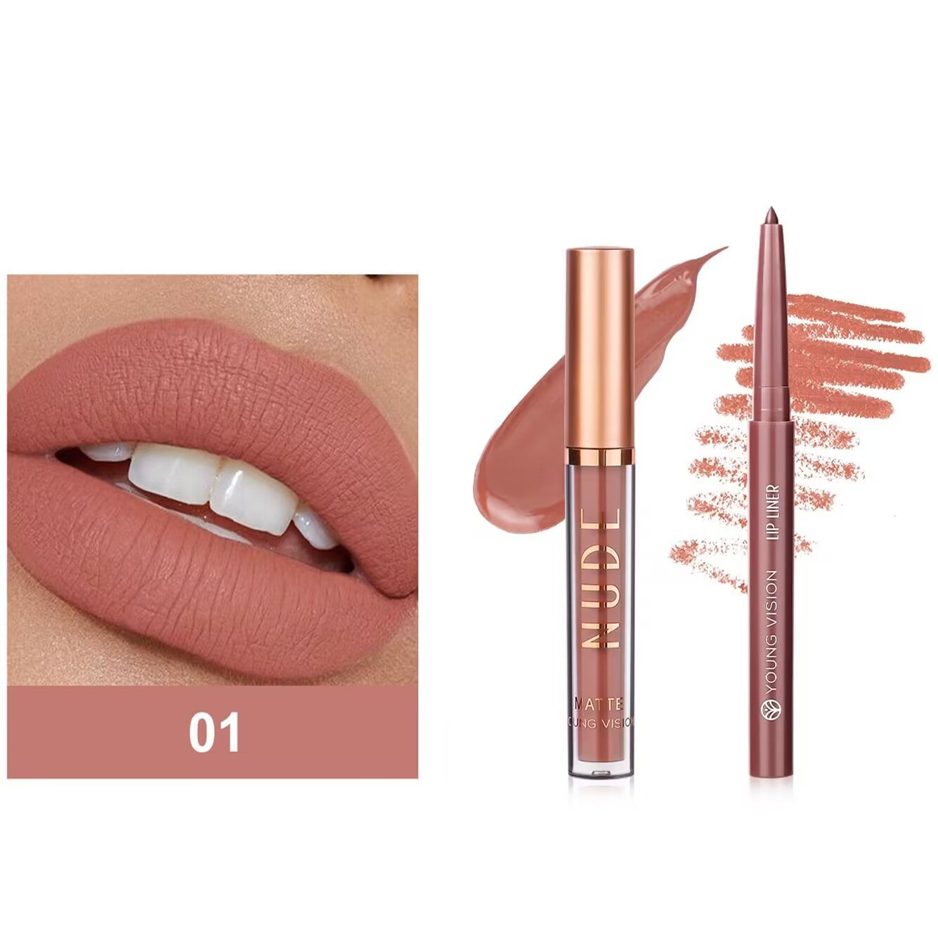 2Pcs Matte Liquid Lipstick and Lip Liner Set, One Step Lips Makeup Kit, Non-Stick Cup Lip Gloss + Lip Liner Pen, High Pigmented, Waterproof, Long-Lasting