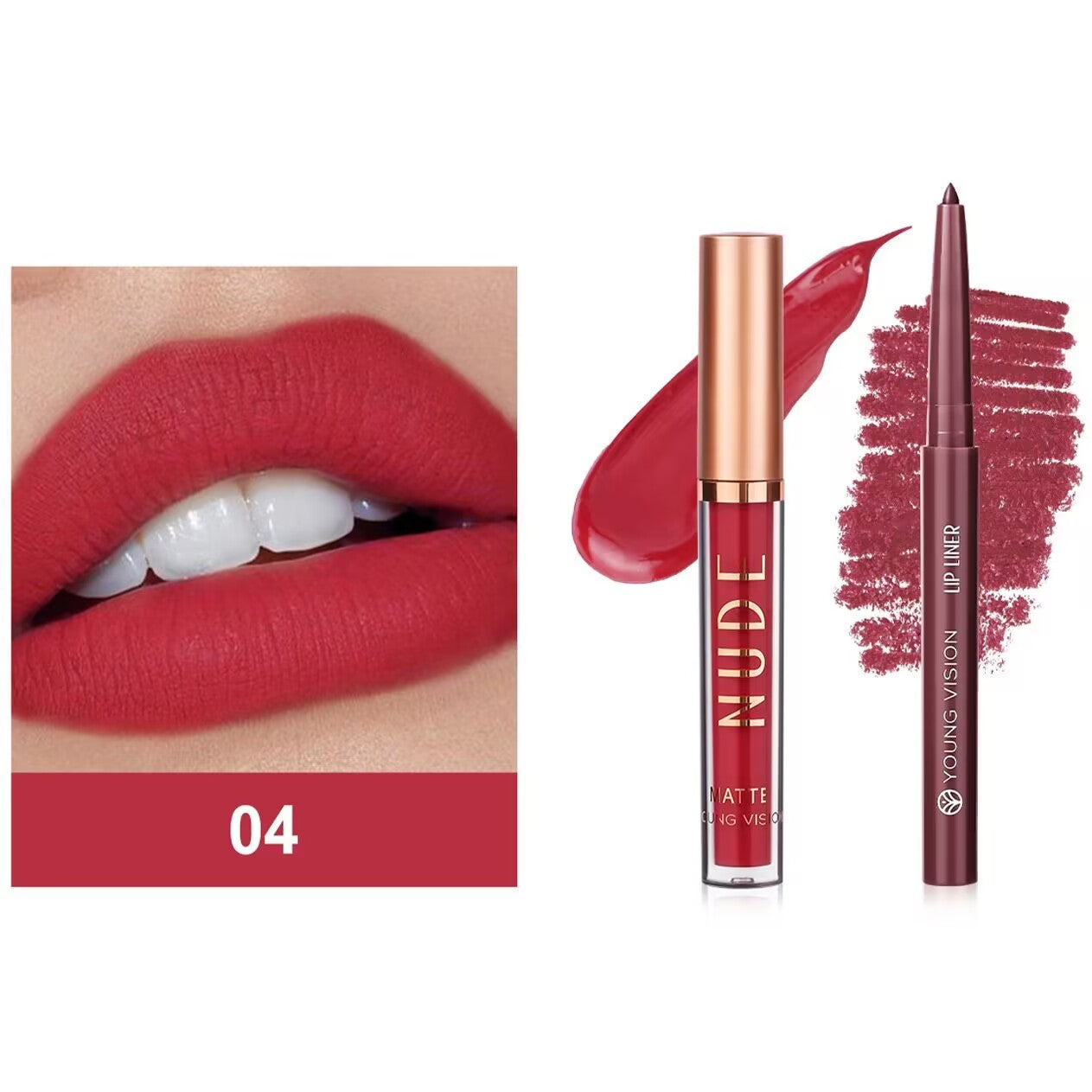 2Pcs Matte Liquid Lipstick and Lip Liner Set, One Step Lips Makeup Kit, Non-Stick Cup Lip Gloss + Lip Liner Pen, High Pigmented, Waterproof, Long-Lasting