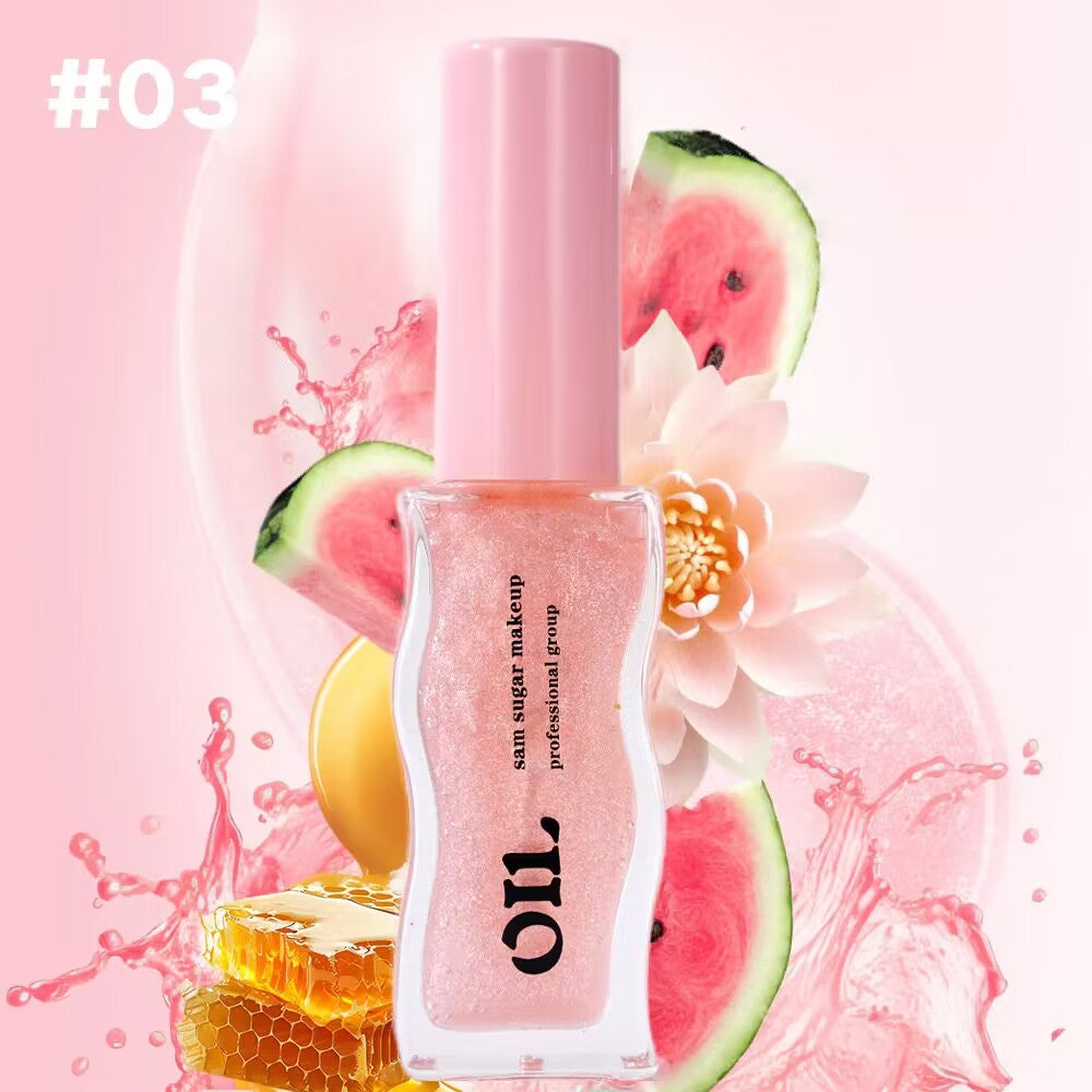 Honey Infused Hydrating Lip Oil, Nourishing Lip Moisturizer for Dry Lips, High Shine, Smooth Finish, Clear Pink Shimmer Shade, Fresh Watermelon Scent, Watermelon Sugar, 8ml