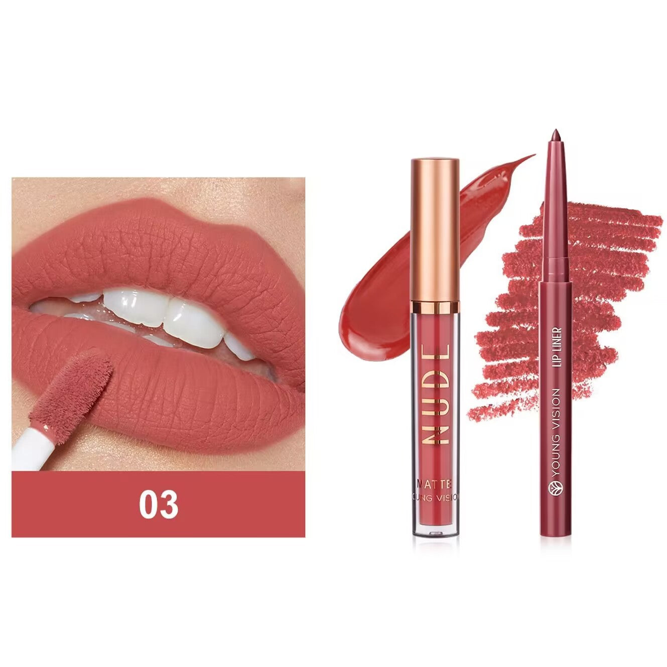 2Pcs Matte Liquid Lipstick and Lip Liner Set, One Step Lips Makeup Kit, Non-Stick Cup Lip Gloss + Lip Liner Pen, High Pigmented, Waterproof, Long-Lasting