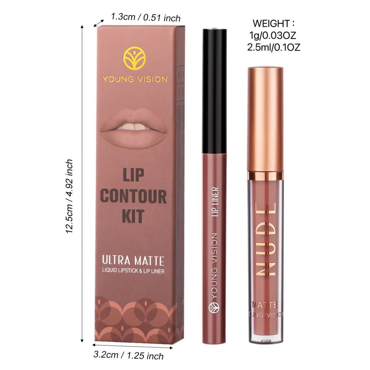 2Pcs Matte Liquid Lipstick and Lip Liner Set, One Step Lips Makeup Kit, Non-Stick Cup Lip Gloss + Lip Liner Pen, High Pigmented, Waterproof, Long-Lasting