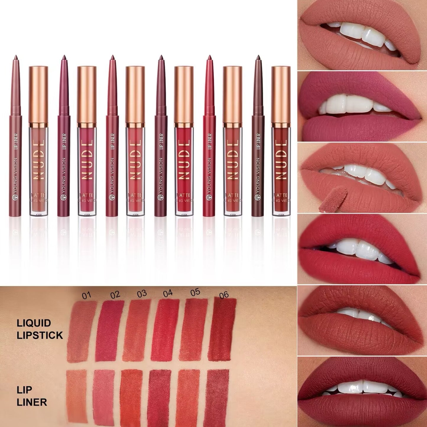 2Pcs Matte Liquid Lipstick and Lip Liner Set, One Step Lips Makeup Kit, Non-Stick Cup Lip Gloss + Lip Liner Pen, High Pigmented, Waterproof, Long-Lasting