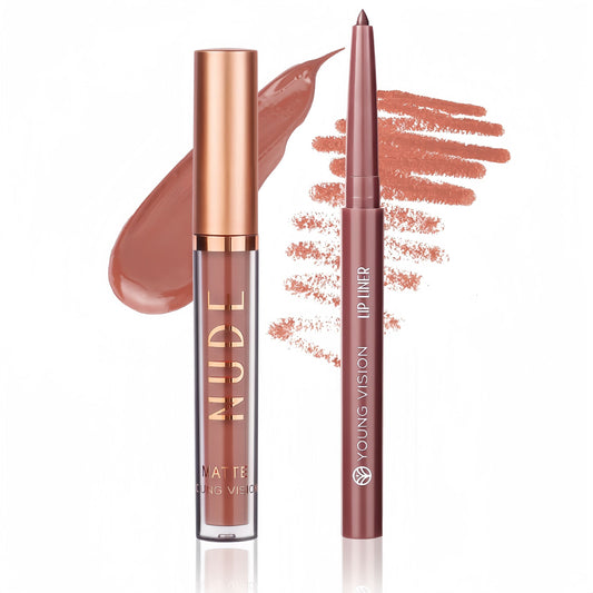 2Pcs Matte Liquid Lipstick and Lip Liner Set, One Step Lips Makeup Kit, Non-Stick Cup Lip Gloss + Lip Liner Pen, High Pigmented, Waterproof, Long-Lasting